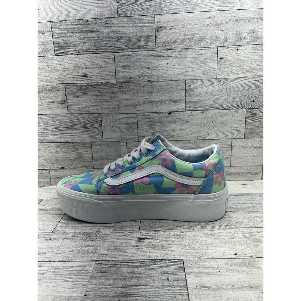 Vans Old Skool Stacked Platform Shoes Womens 8 Men 6.5 Checkerboard Floral Blue - Picture 5 of 11